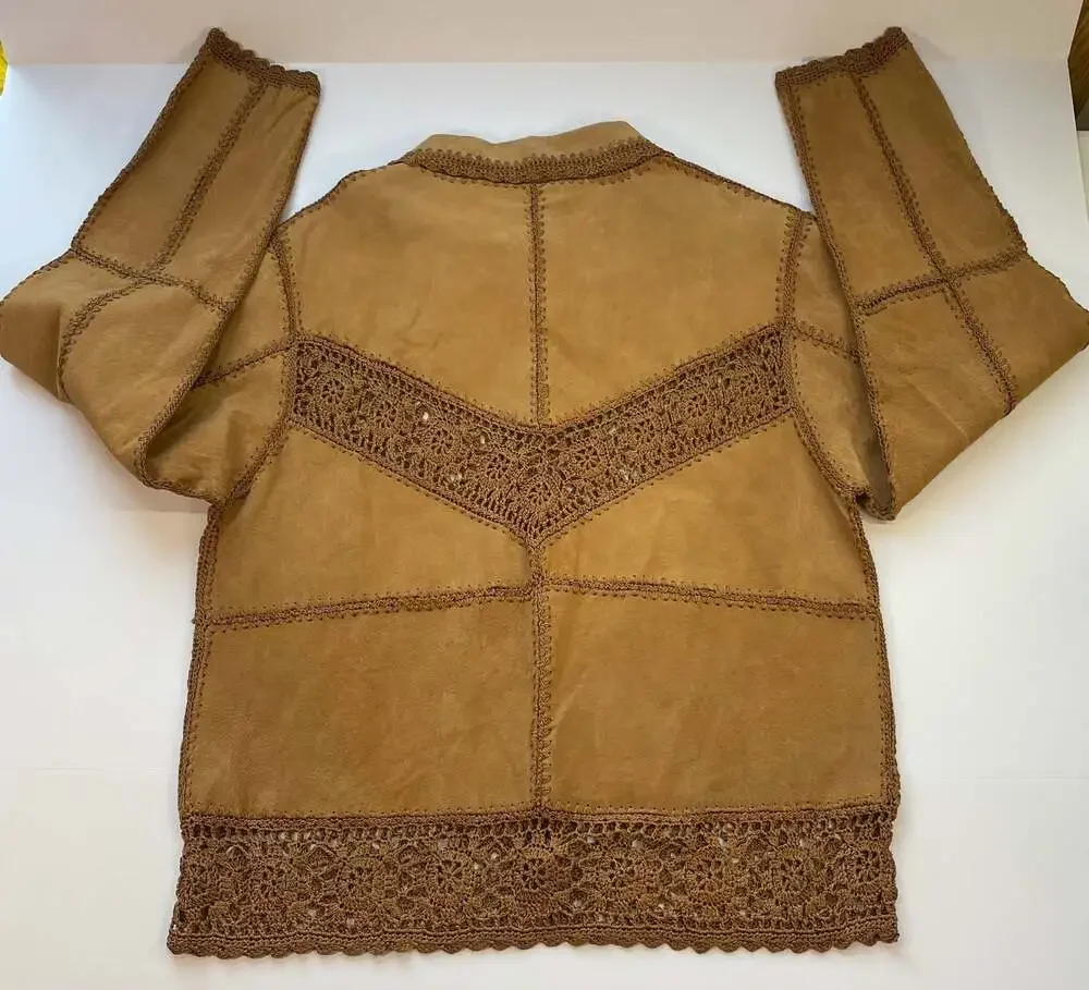 Carducci Vintage Suede Patchwork Jacket with Crochet Lace Trim Size L